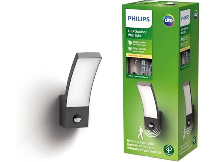 PHILIPS Applique d'extérieur LED Splay avec détecteur de mouvement [Blanc chaud - Gris anthracite] Résistante à l'eau IP44\, pour éclairage de jardin\, terrasse et terrasse
