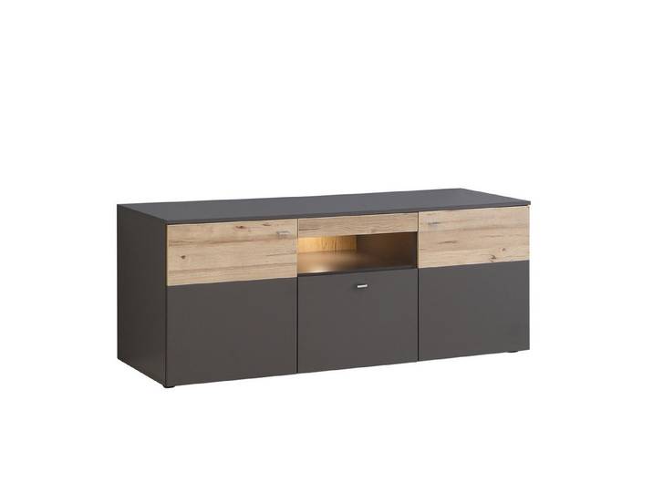 Newroom Lowboard Grau und Planked Eiche 150 cm, TV Lowboard Grau und Planked Eiche Modern TV Schrank Fernsehtisch