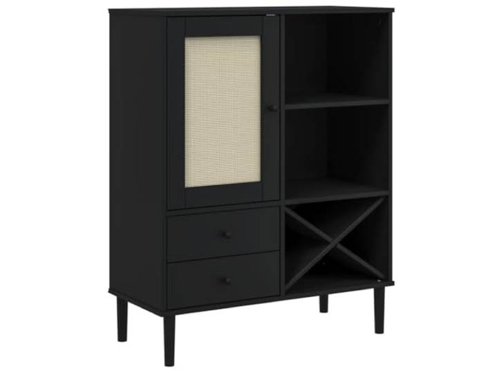 KGHFDVB Highboard SENJA Rattan-Optik Schwarz 90x40x112 cm Kiefernholz 2 Schubladen, Mehrere Fächer, UV-Lackierung, Poly Rattan Türfront, Mid-Century Boho Stil
