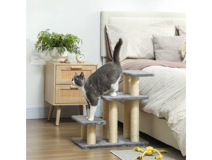 PawHut Escalier Réglable 3 Marches Chat Chien Sisal Gris