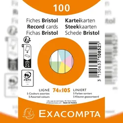 Exacompta 10852E 40x Karteikarten A7, Packung mit 100 Stück eingeschweißt, liniert, nicht gelocht, Farben sortiert - Farben sortiert