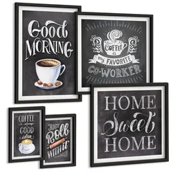 BILDER SET 5er Set - 50x50 cm & 20x30 cm & 40x60 cm Schwarzer Rahmen - Kaffeeroller, heimelige Wärme