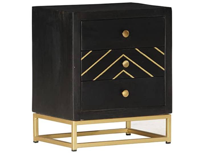 LKJephalotrop Nachttisch Mango Massivholz Schwarz Gold 40x30x50 cm Handgefertigter Beistelltisch fürs Schlafzimmer mit 3 Schubladen und stabilem Stahlgestell für ordentliche Aufbewahrung.