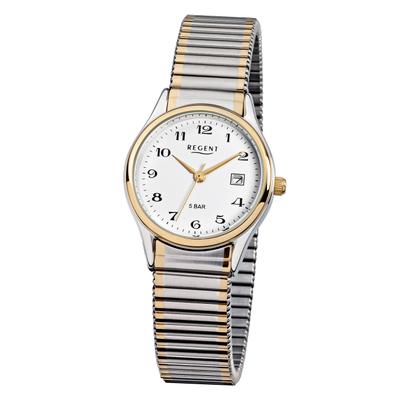 Quarzuhr REGENT "F461, 12310133", silber (silberfarben, goldfarben, weiß), Armbanduhren, Damen, silberfarben-goldfarben, Quarzuhr, Armbanduhr, Damenuhr, Flexband, Zugband, Edelstahlarmband, Ø ca. 29 mm
