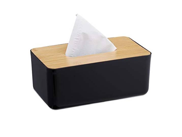 Relaxdays Boîte à mouchoirs\, Rechargeable\, Salle de Bain\, Distributeur à lingettes\, Couvercle en Bambou\, Plastique\, 10x23x13 cm\, Noir/Nature