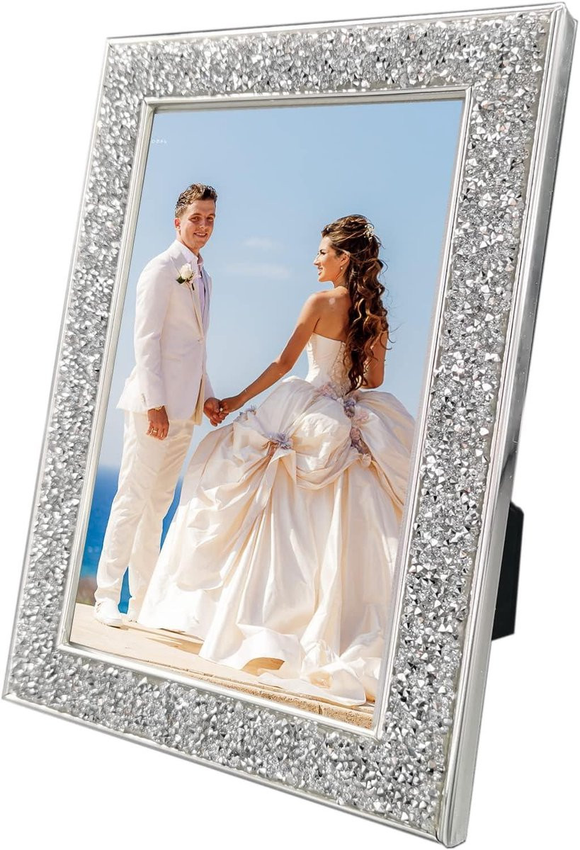 Zilveren metalen fotolijst met glazen diamant glitter decoratie, 13 x 18 cm