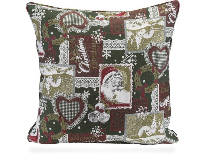 Dekokissen H.O.C.K. Christmas Patch , rot (dunkelgrün, dunkelrot, tannengrün, gemustert), B:60cm H:10cm L:60cm, Obermaterial: 82% Polyester, 18% Baumwolle. Füllung: 100% Polyester, Dekokissen_Sitzkissen_Kissenhüllen, Dekokissen, traditionelles Patchkissen mit Weihnachtsmotiven, inkl. Füllung