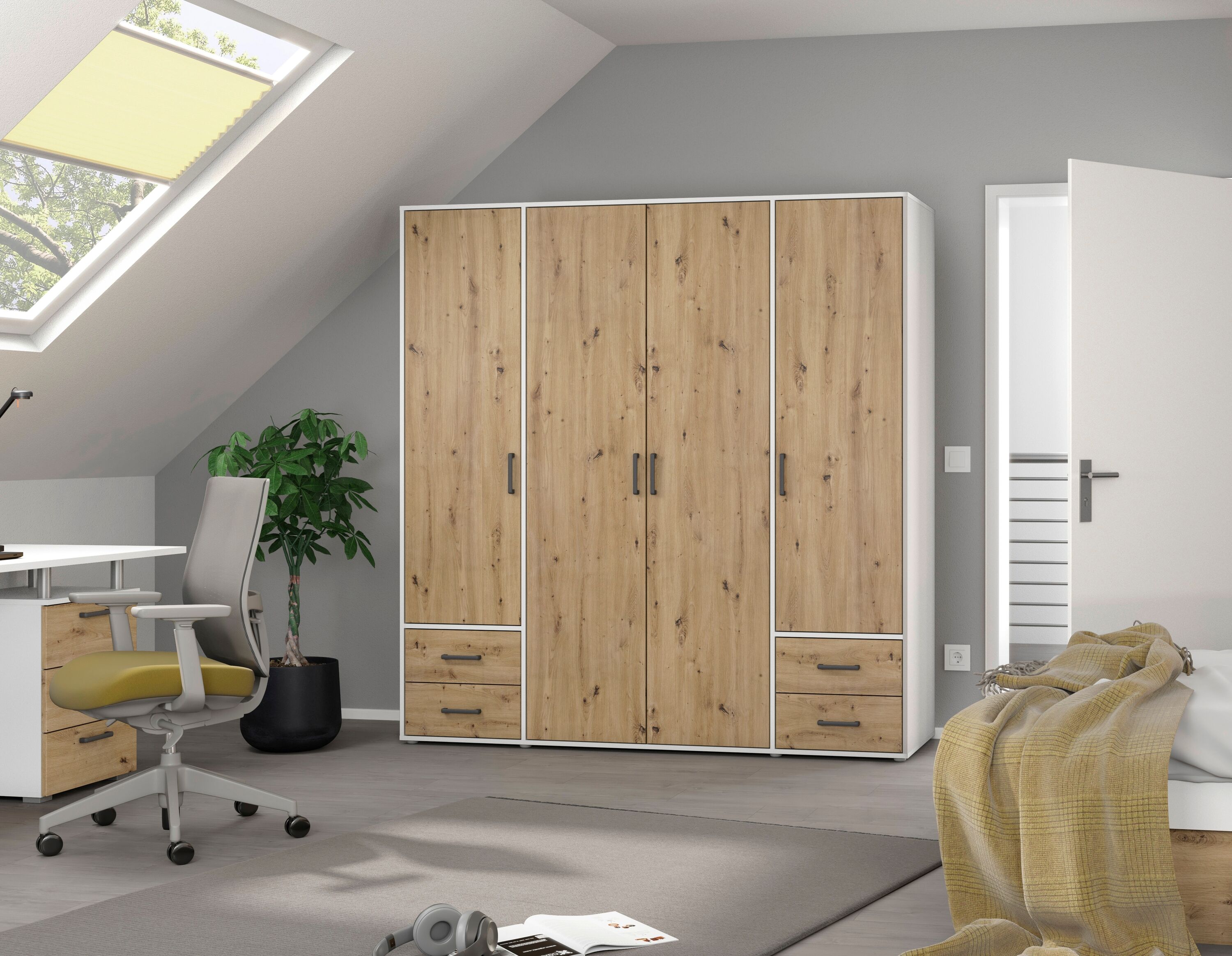 Drehtürenschrank RAUCH "Kleiderschrank Schrank Garderobe Wäscheschrank VOYAGER", weiss (alpinweiß, eiche artisan, griffe graumetallic), B:187cm H:194cm T:53cm, Holzwerkstoff, Schränke, Drehtürenschrank, mit 2 modernen Griffvarianten, mit Aussenschubladen 