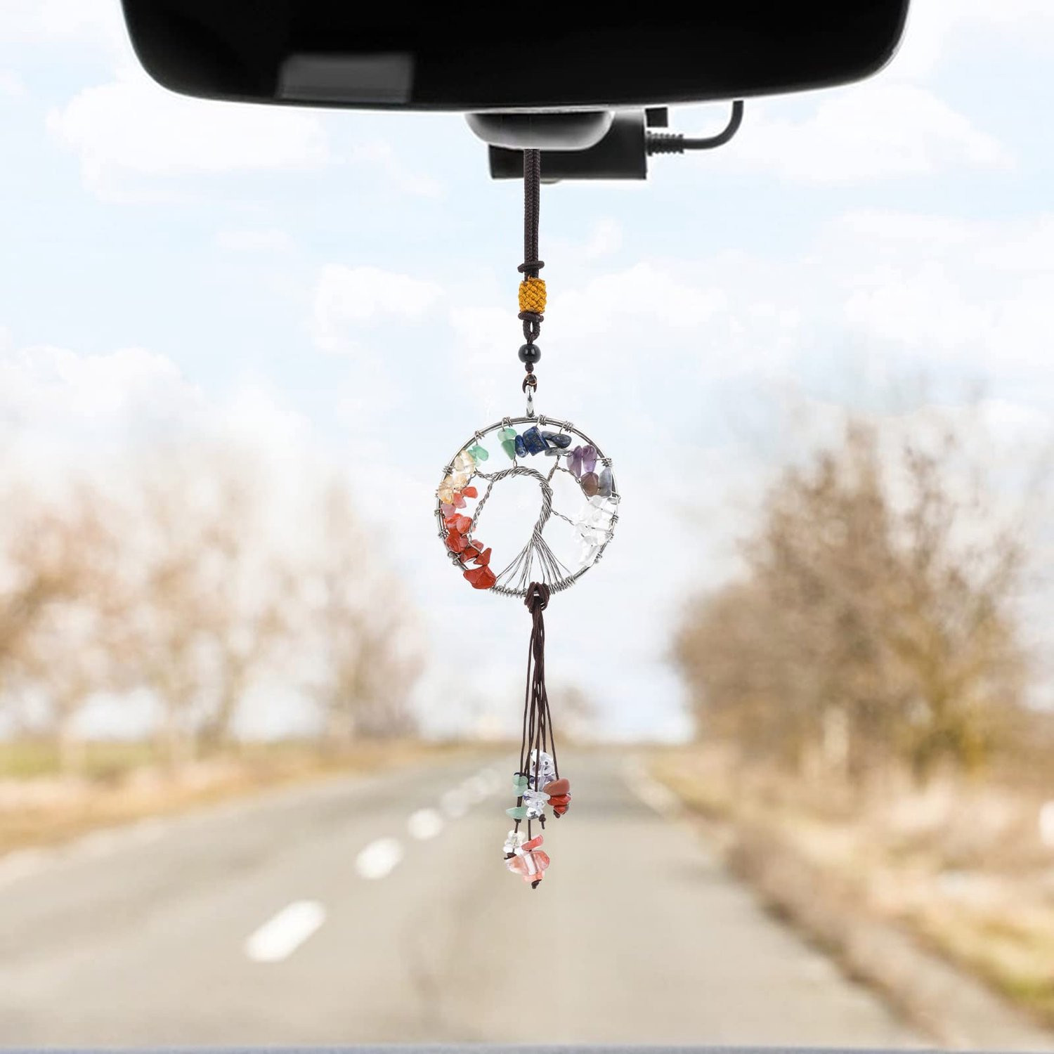 Levensboom hangend ornament met 7 chakra kristallen voor auto achteruitkijkspiegel en meditatie decoratie