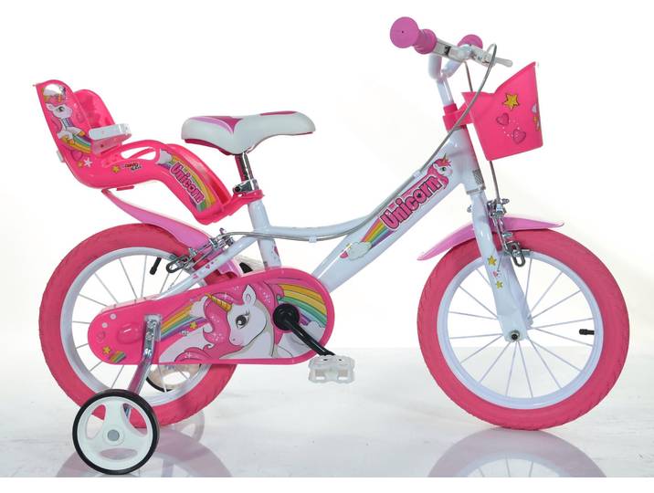 Kinderfahrrad DINO BIKES 16 Unicorn Einhorn Kinderfahrrad Mädchenfahrrad Freilauf 4–7 Jahre Gr. 25, pink (weiß), Fahrräder, Kinder, 28cm, 16 Zoll (40,64cm), Kinderfahrrad, mit Stützrädern, Korb und Puppensitz