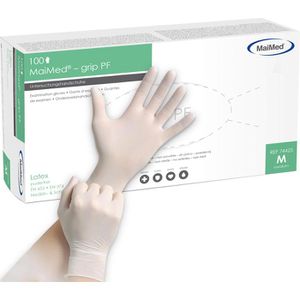 MaiMed Einmalhandschuhe grip PF, natur, 100 Stück, Latex, chemikalienbeständig, lebensmittelecht, Größe XL