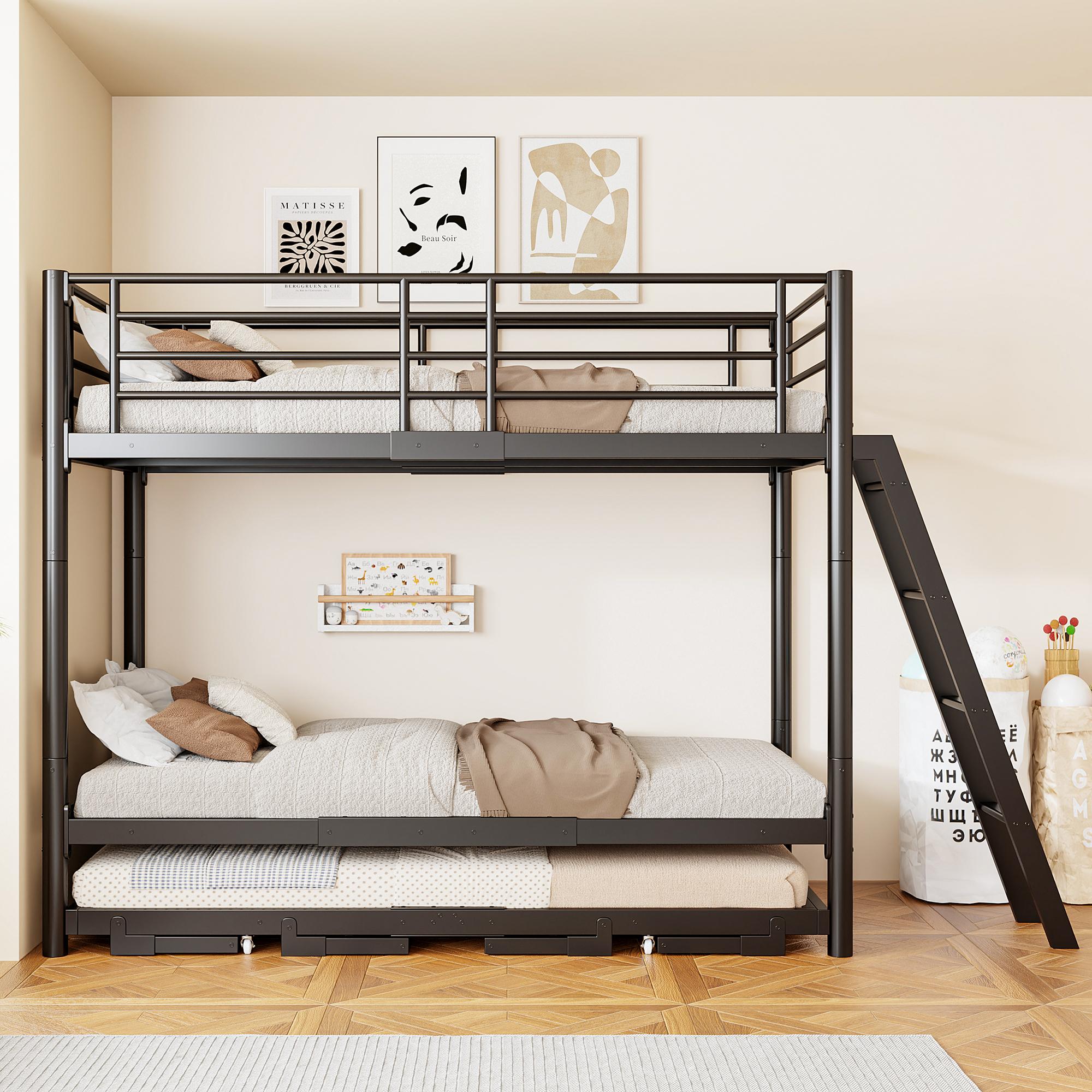 MODFU Metall-Etagenbett 90 x 200 mit Ausziehbett,Jugendbett mit ausziehbar auf 180 x 200 cm, Doppelbett,Hochbett ohne Matratze, Schwarz