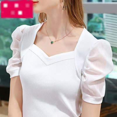 Universal Stock Women's Ribbed Sweetheart Neck Puff Sleeve Slim Fit Top For Casual Office Wear white xxl
