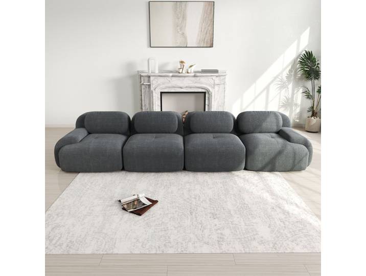 Canapé 4 places - Sans montage - Velours côtelé - Modulaire - Gris - Canapé compresse