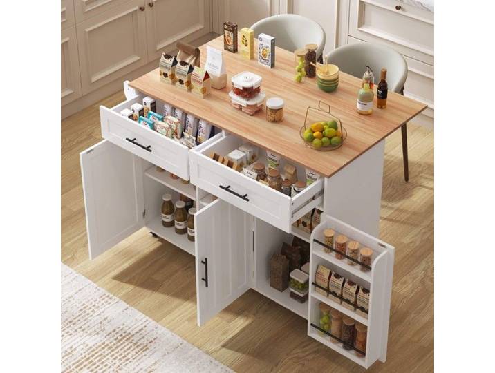 Îlot de Cuisine 129x46/71x91 5 cm Desserte avec Plateau Rabattable 2 Tiroirs Rangements Roulettes - Blanc Effet Bois