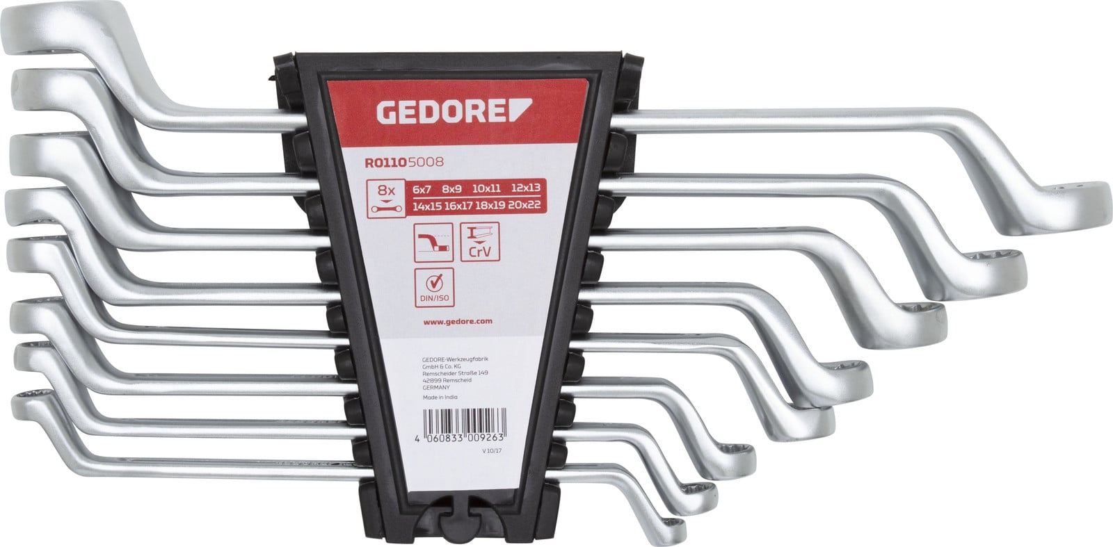 Gedore set van 8 rode dubbele ringsleutels, maten 6-22 mm