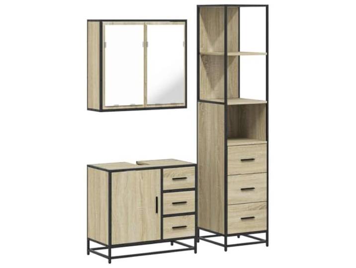 3-tlg. Badmöbel-Set Sonoma-Eiche Holzwerkstoff Waschbeckenunterschrank,Spiegelschrank,Lowboard,Metallgestell,Wandmontage,platzsparend,Feuchtigkeit beständig
