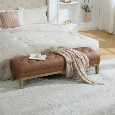 toswini 63-Inch Tufted Faux Leather Ottoman Bench with Solid Rubberwood Legs