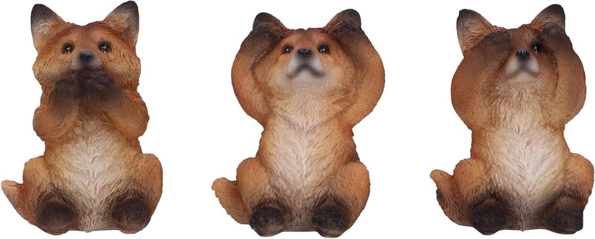 Drie Wijze Vossen Beeldjes Trio Set - Handgeschilderd Resin - Bruin - Hoogte: 8.5 cm