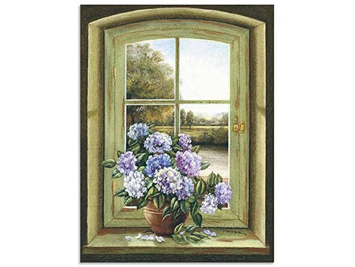 ARTland Wanddeko Wandbild Alu Verbundplatte für Innen & Outdoor Bild Stillleben Arrangements Botanik Malerei Grün Hortensien am Fenster A7BK