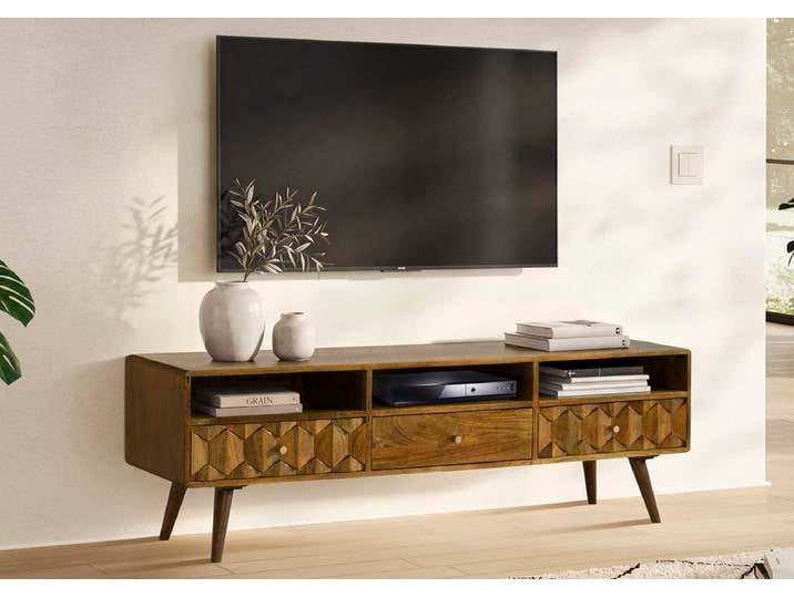 TV Board 160cm 'Kalani' Mango massiv hängend oder mit Füßen braun lackiert