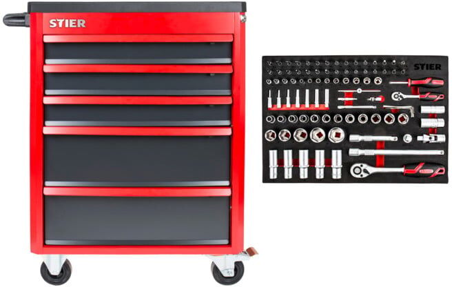 Servante d'atelier STIER Basic+ garnie 92 pcs, jeu de douilles 1/4 et 1/2