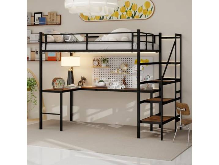 Bellemave Hochbett 90×190 cm mit L-förmigem Schreibtisch,mit Treppe,Schwarz Hochbett mit Stauraum, Bettrahmen mit Rausfallschutz, platzsparend, geeignet für Kinder und Jugendliche