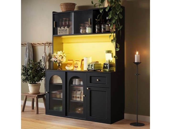 Armoire de cuisine - Becag - Buffet de cuisine avec LED - Armoire haute avec 5 portes 1 tiroir - 120x35x167cm - Noir
