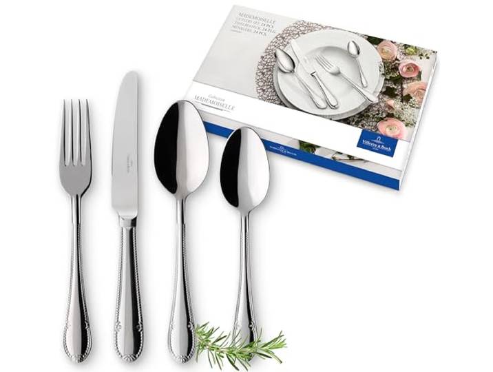 Villeroy & Boch - Mademoiselle Besteckset 24-teilig Silber Spülmaschinenfest, Besteck Set für 6 Personen, Besteck Platin, Edelstahl