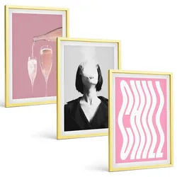BILDER SET 3er Set - 40x60 cm Goldrahmen - Stilvolles Porträt, Champagner-Entspannung