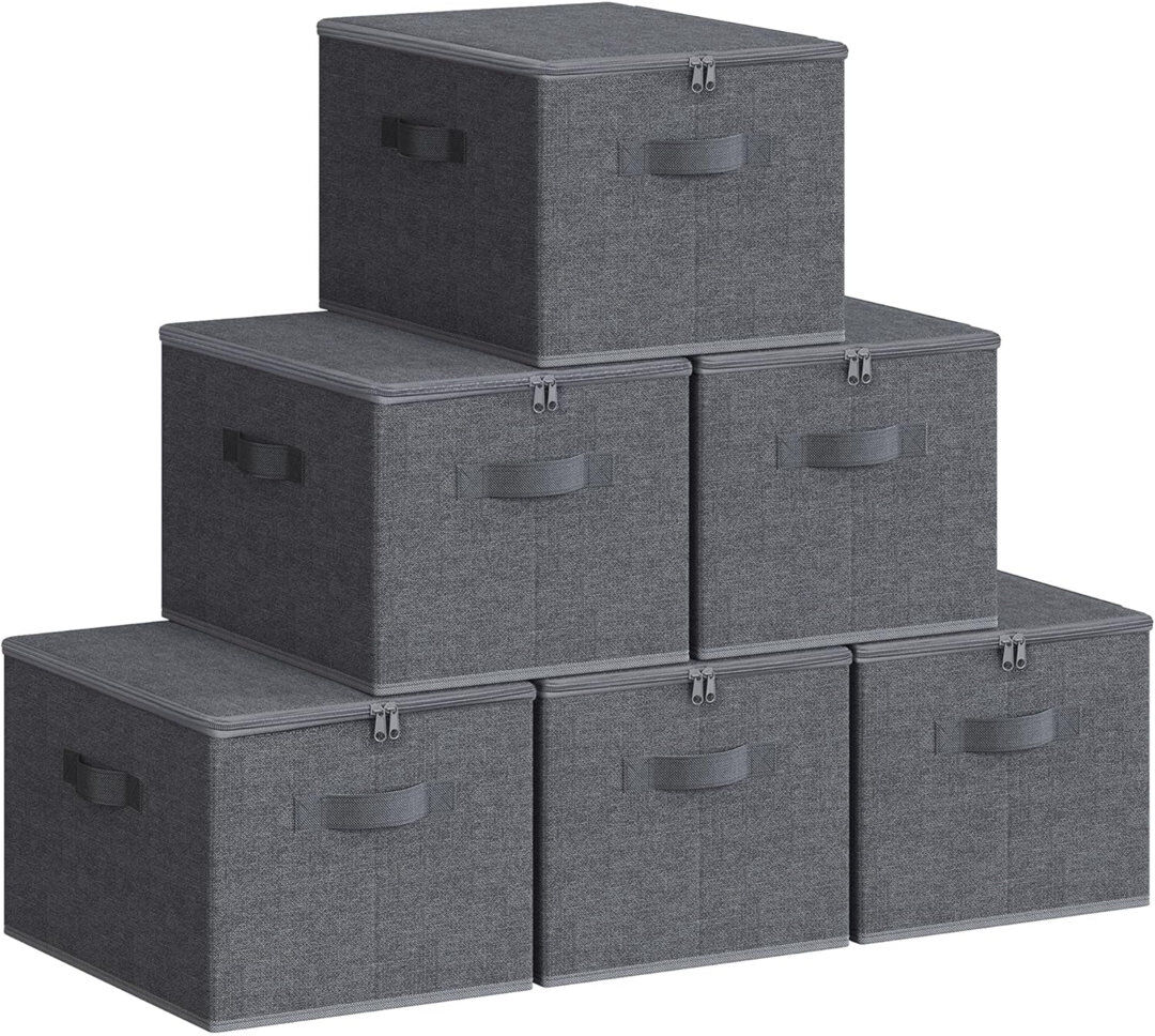 Brayden Studio Foldable Storage Organiser Boxes, Set Of 6 Storage Basket Bins With Lids, Handles, Clothes Organiser, 40 X 30 X 25 Cm, Non-Woven Fabric Slate Grey