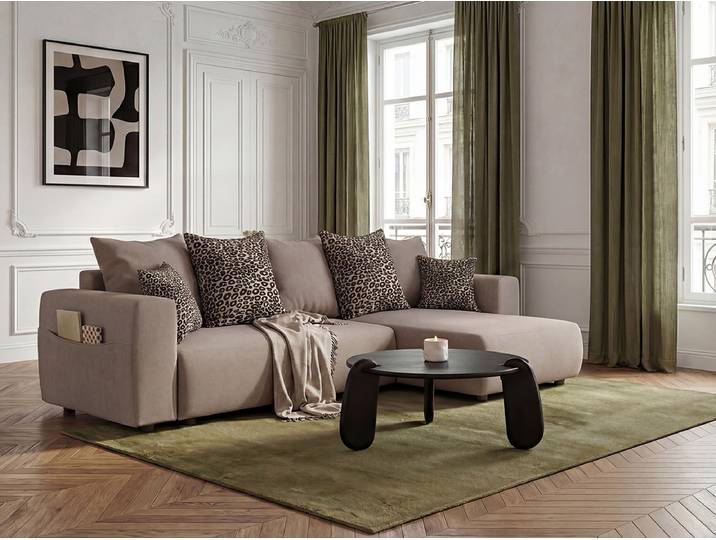 Canapé d'angle convertible réversible coffre SIDONIE avec coussins à motif léopard