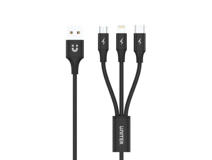 Unitek Premium Multi 3-in-1 USB-oplaadkabel, universele meervoudige oplaadkabel, Micro USB/type C/Lightning 3A, 1,2 m, voor iPhone/Android smartphone, zwart.