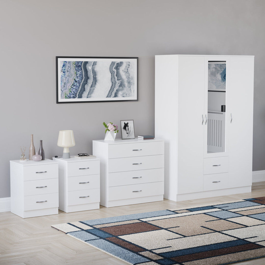 17 Stories Tayce 4 Piece Bedroom Set (3 Drawer Bedside Chest X2, 4 Drawer Chest, 3 Door 2 Drawer Mirrored Wardrobe) White