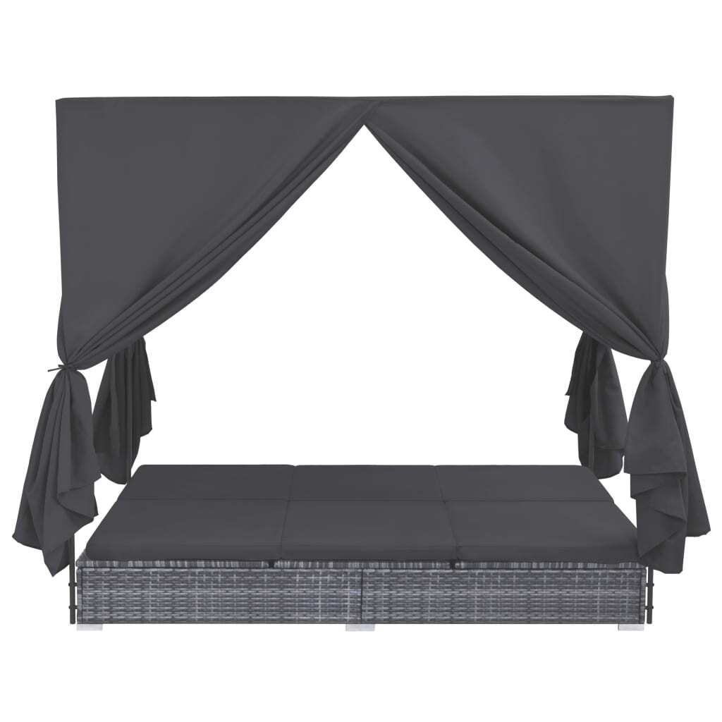 Outdoor-Lounge-Bett mit Vorhängen Poly Rattan Grau Hohequalität
