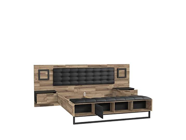 FORTE JAKOBINA Bett mit Nachtkommoden und 2 Schubladen und 1 Tür, Liegefläche 180 x 200 cm, Holzwerkstoff, Planked Eiche / Schwarzeiche, 296.8 x 119.7 x 234.5 cm