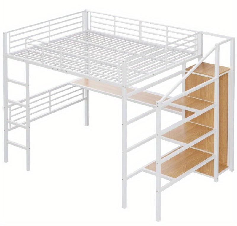 Etagenbett 140x200 cm - Weißes Metallkinderbett mit Schreibtisch und praktischem Stauraum