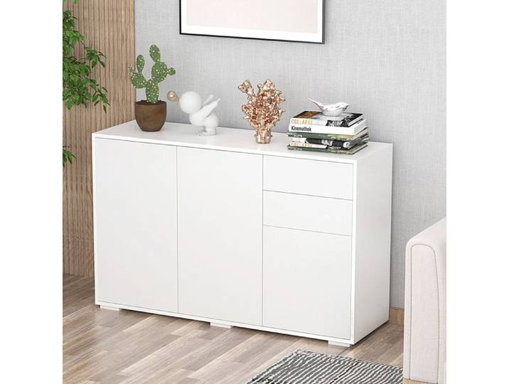 Buffet bas 3 portes 2 tiroirs EVRYAE 117 x 36 x 74 cm avec ouverture par pression blanc