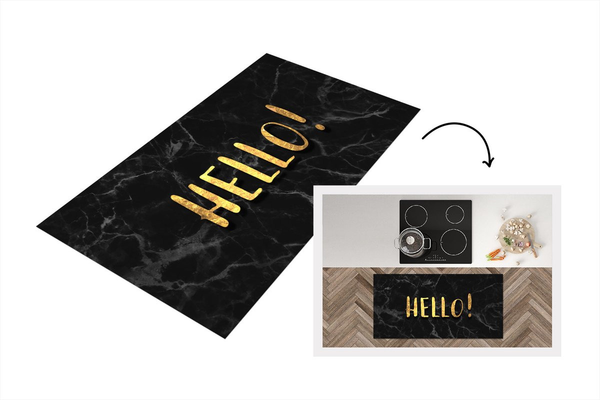Keukenloper Quote Hallo - Marmerlook - Goud - Vinyl - B/D: 120 x 60 cm