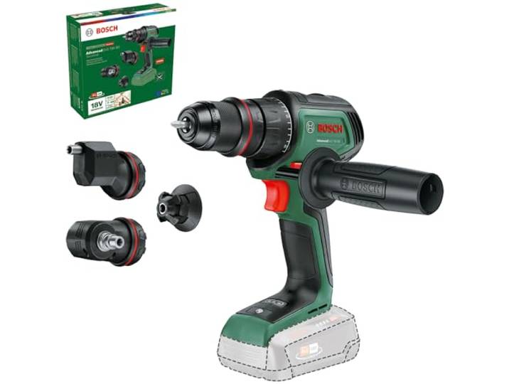 Bosch Perceuse-visseuse sans fil AdvancedDrill 18V-80 QuickSnap (pour percer et visser ; mandrin métallique ; embout magnétique ; renvoi d'angle et porte-embout excentrique ; sans batterie)
