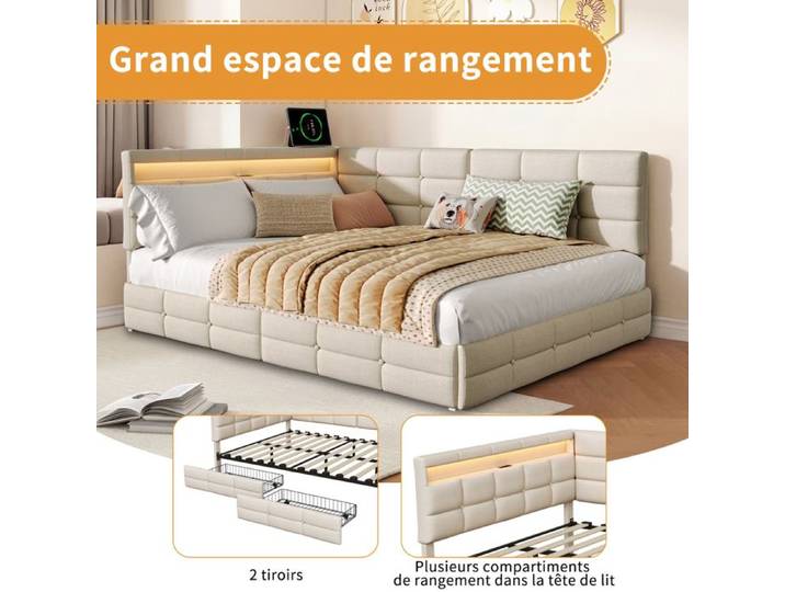 Lit 140 x 190 avec Sommier Lit Banquette avec Tiroirs de Rangement Daybed en Tissu Lin Sans Matelas