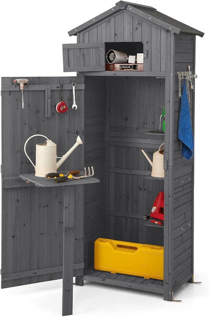 Gartenschrank Holz, Gerätehaus wetterfest, Geräteschuppen mit klappbarem Tisch & Tür & 8 Haken, Holzschuppen mit Satteldach, Geräteschrank Gartenschuppen, für Garten, Terrasse, Hof (Grau)