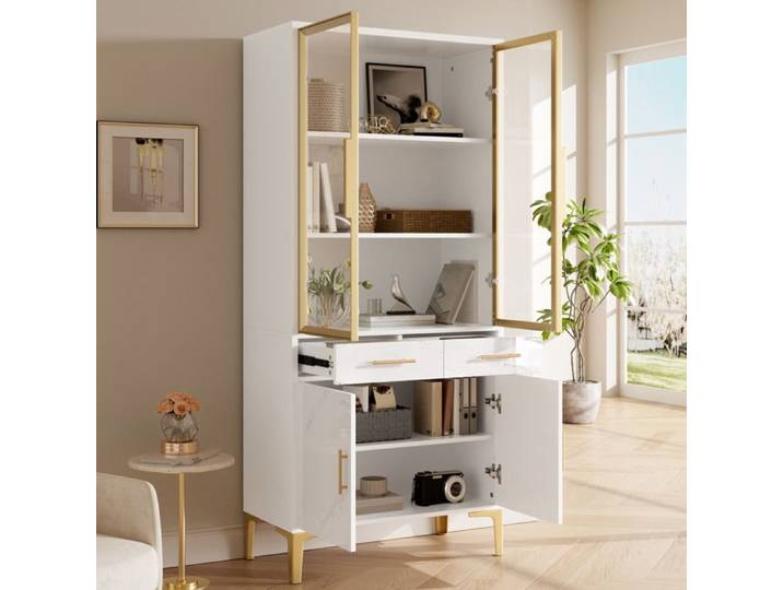 ULEVR Vitrine haute blanche 75 x 38 x 170 cm portes vitrées cadre doré LED APP 2 tiroirs pieds métal