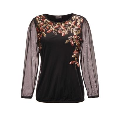 Longpullover GOLDNER "Kurzgröße Glanzshirt mit Paillettenstickerei", Damen, Gr. 20, schwarz (schwarz, kupferfarben, gold, gemustert), Obermaterial: 100% Polyester PES., festlich, figurumspielend, weit Gummibündchen, Pullover Longpullover, Aufwendig...