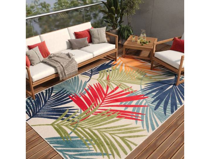 TAPISO Patio Tapis Intérieur Extérieur Bleu Vert Rouge Orange Feuilles Résistant Sisal 120x170