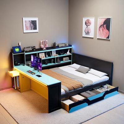 Wooden Gaming Daybed with Integrated Desk, Lights, and Storage Drawers
