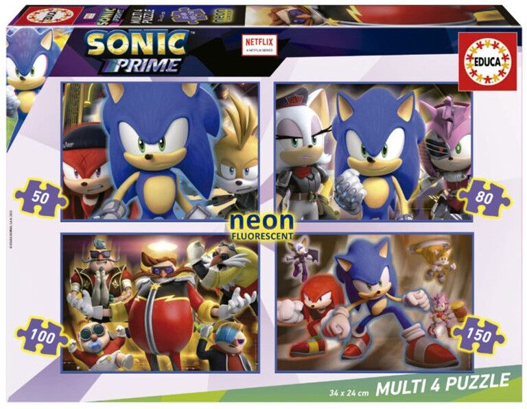 Multi 4 Puzzles Sonic Prime 50+80+100+150 pcs « Neon » - Educa