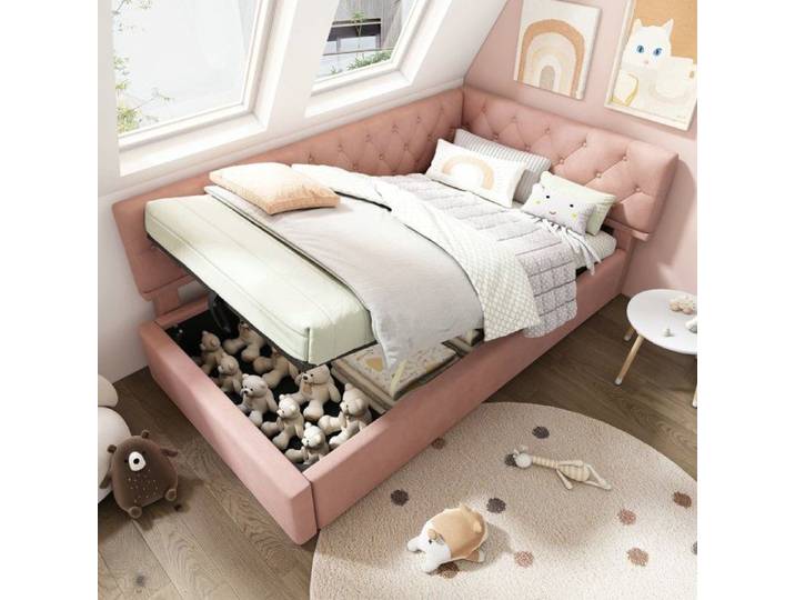 Canapé-lit enfant - LANGTU - 90x190 capitonné - Velours rose - Rangement hydraulique - Sommier à lattes