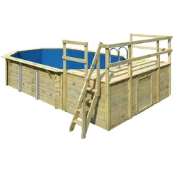 Karibu Pool Modell 4 Classic D - kesseldruckimprägniert Grundkörper inkl. Terrasse & 2 kleiner Sonnenterrassen Sparset inkl. Sandfilteranlage & Skimmer