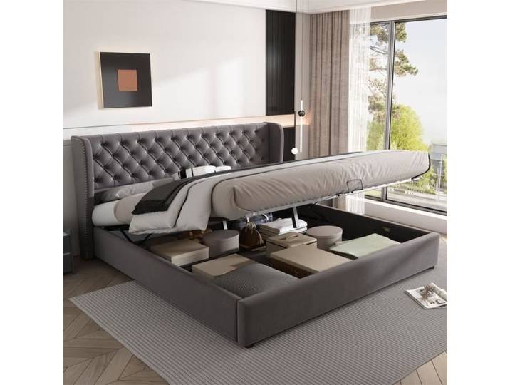 DRIPEX Lit Capitonnée Gris Velours Agréable 160×200cm Lit double pour adulte Lit fonctionnel hydraulique avec sommier à lattes